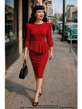 VTG Rockabilly Peplum Red Dress 8 Gingko Polka Dots 80s Does 40s Pin Up Vamp